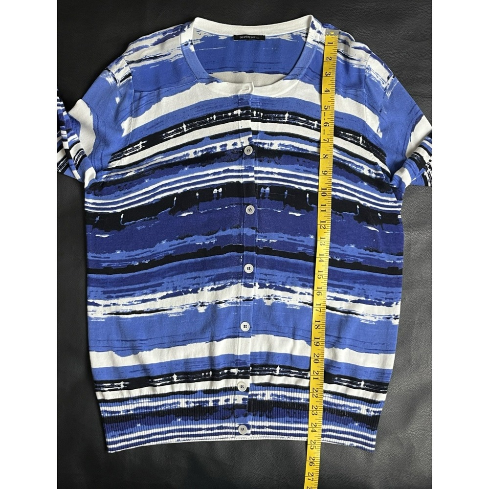 Lafayette 148‎ Abstract Stripe Silk Panel Knit Cardigan Sweater Blue White Large - Picture 7 of 12